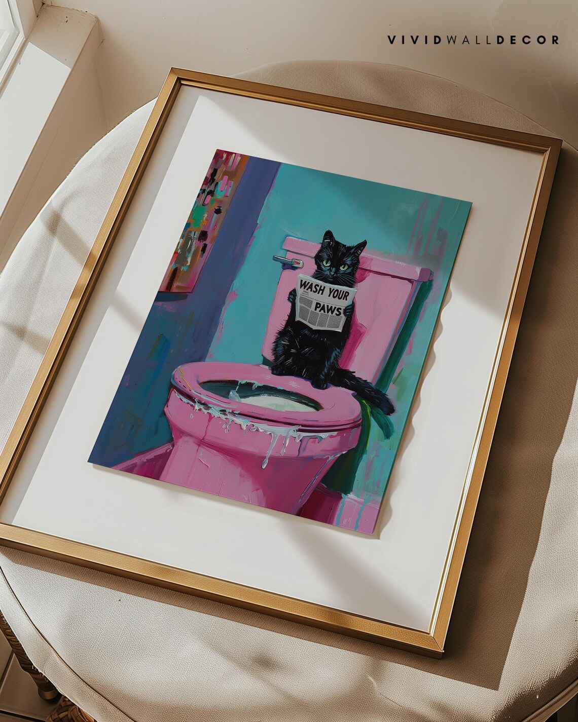 Black Cat on Pink Toilet, Quirky Bathroom Art Print - Image 3