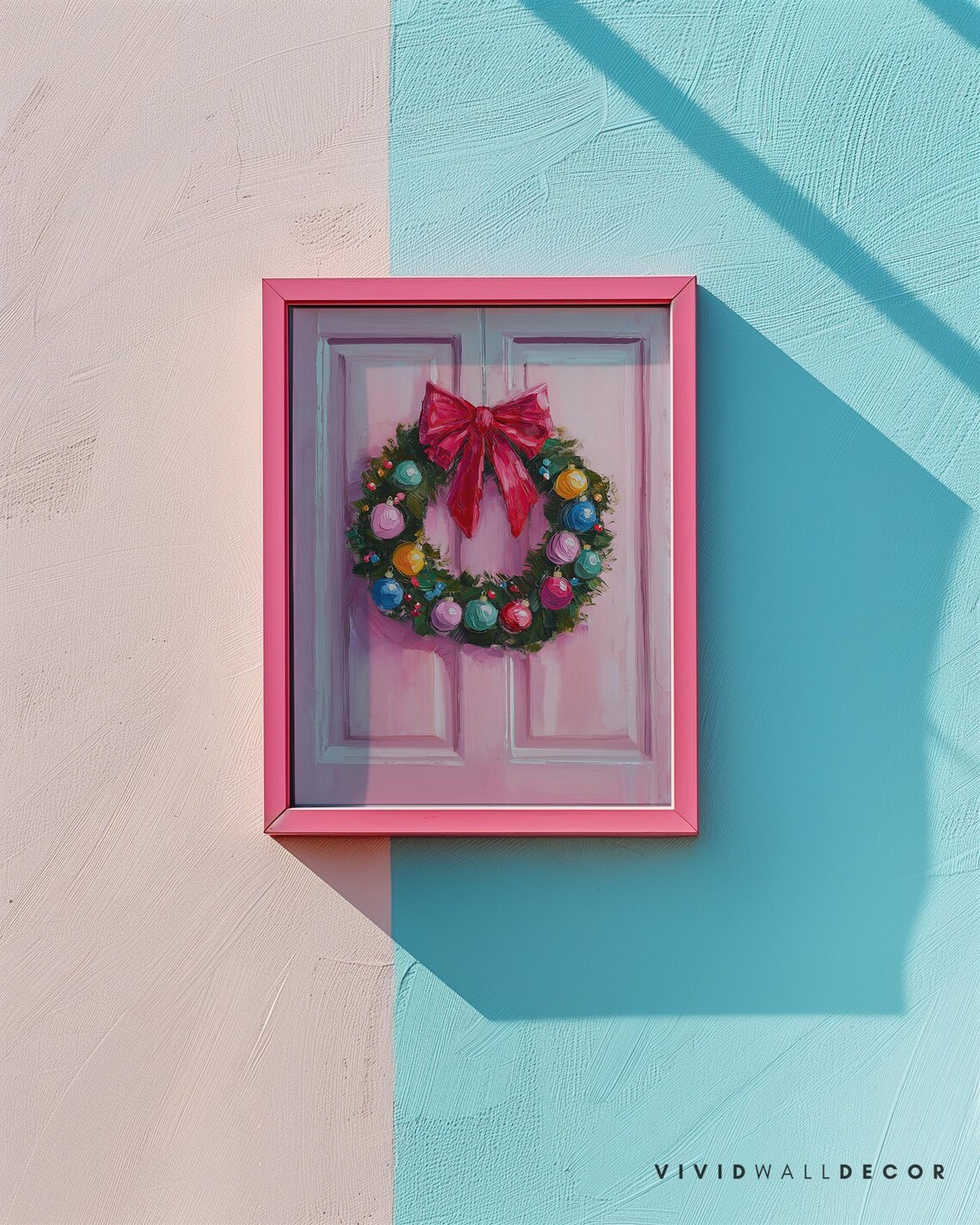 Colorful Christmas Wreath on Pink Door Art Poster Holiday Wall Decor - Image 2