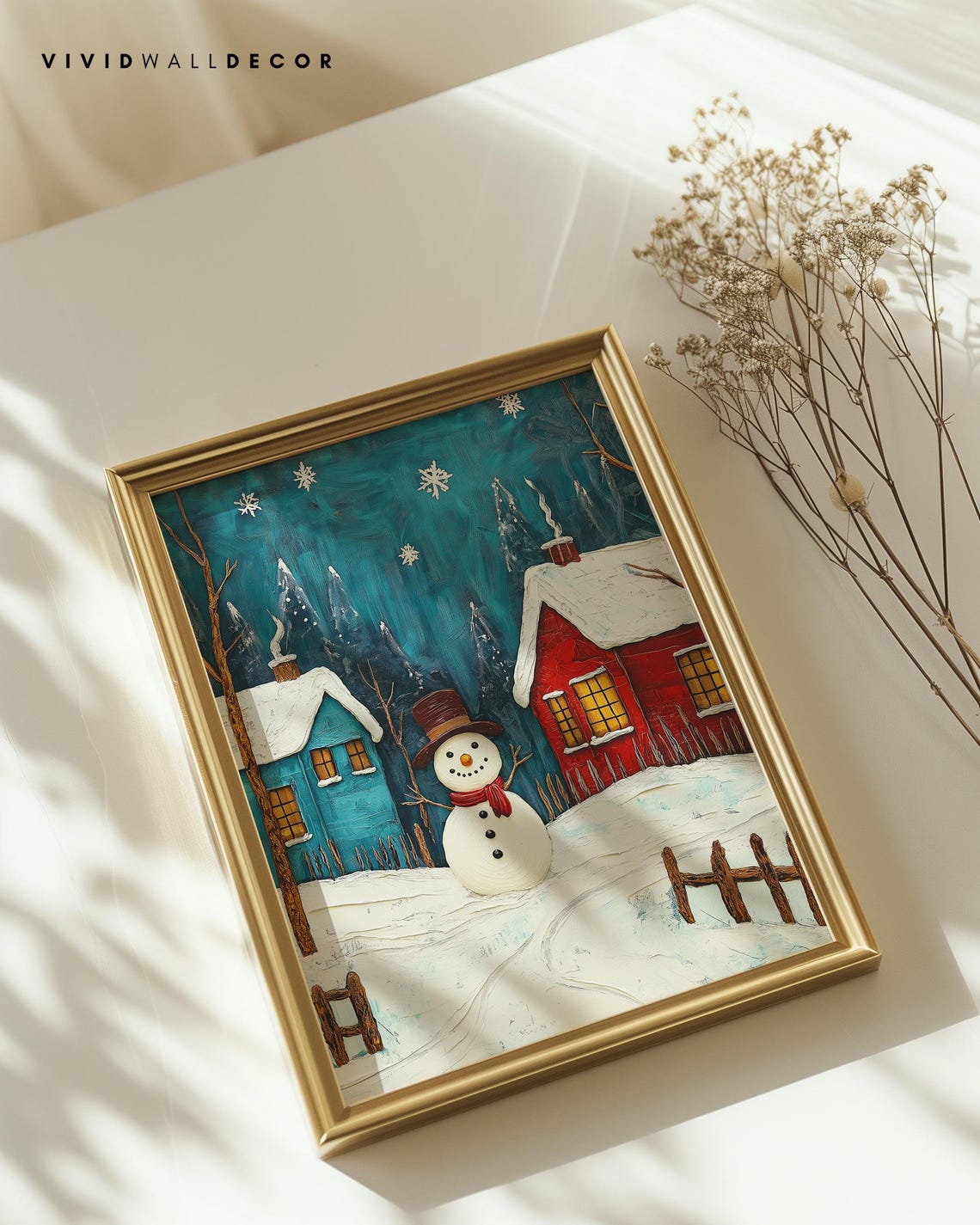 Cheerful Snowman In A Snowy Village On A Winter Night Poster - Image 2