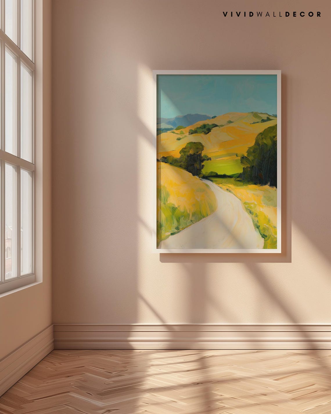 Sunlit Country Road Through Rolling Golden Hills Landscape Poster - Image 4