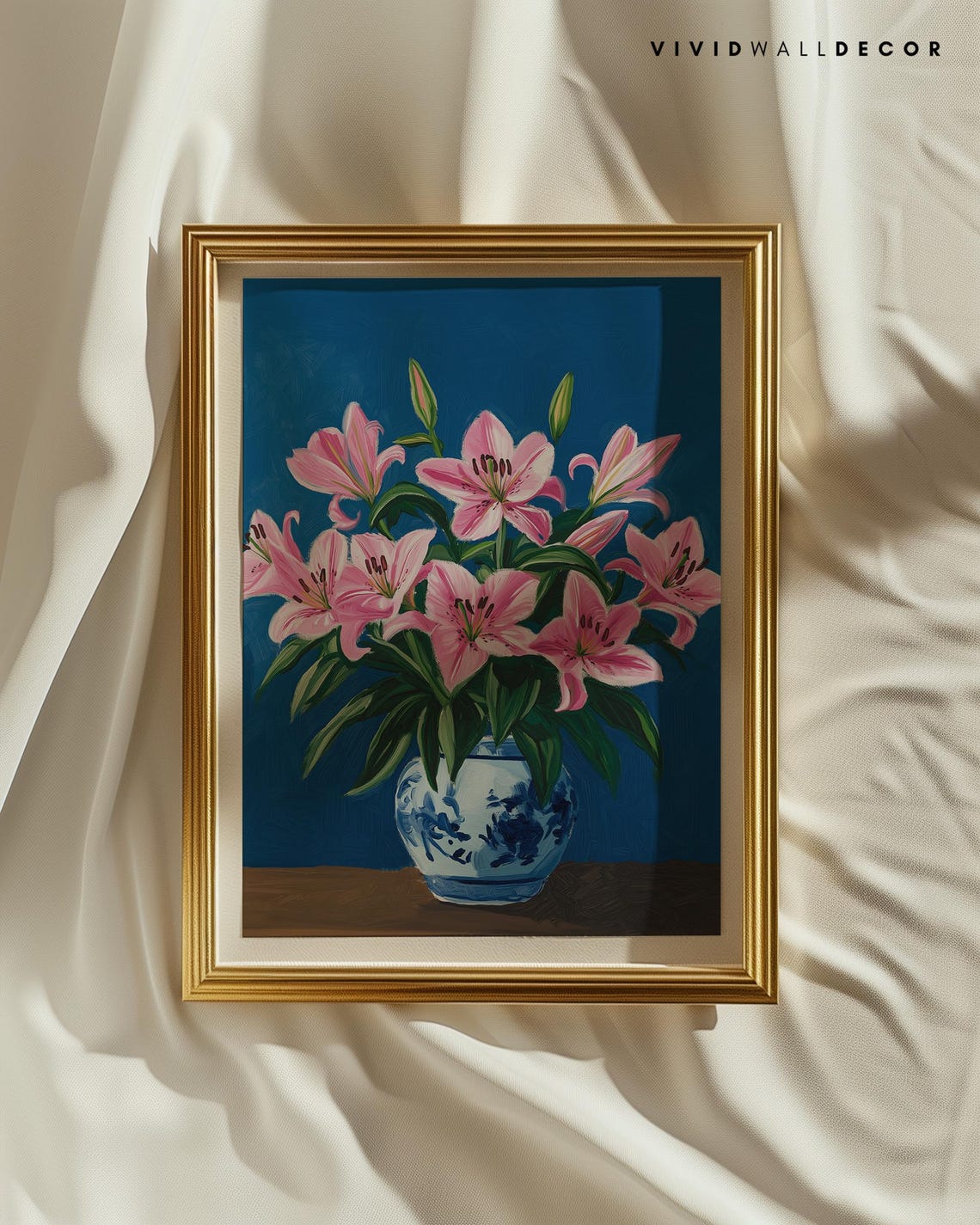 Blush Pink Lilies in Blue Porcelain Vase Art Poster Floral Wall Decor - Image 2