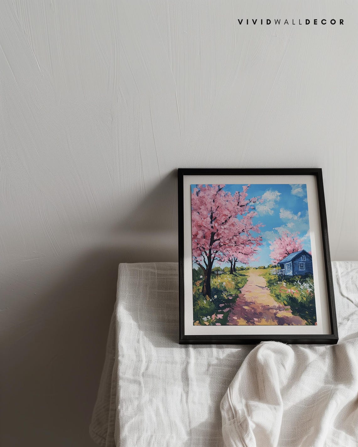 Cherry Blossom Path to Blue Cottage Spring Countryside Poster - Image 3