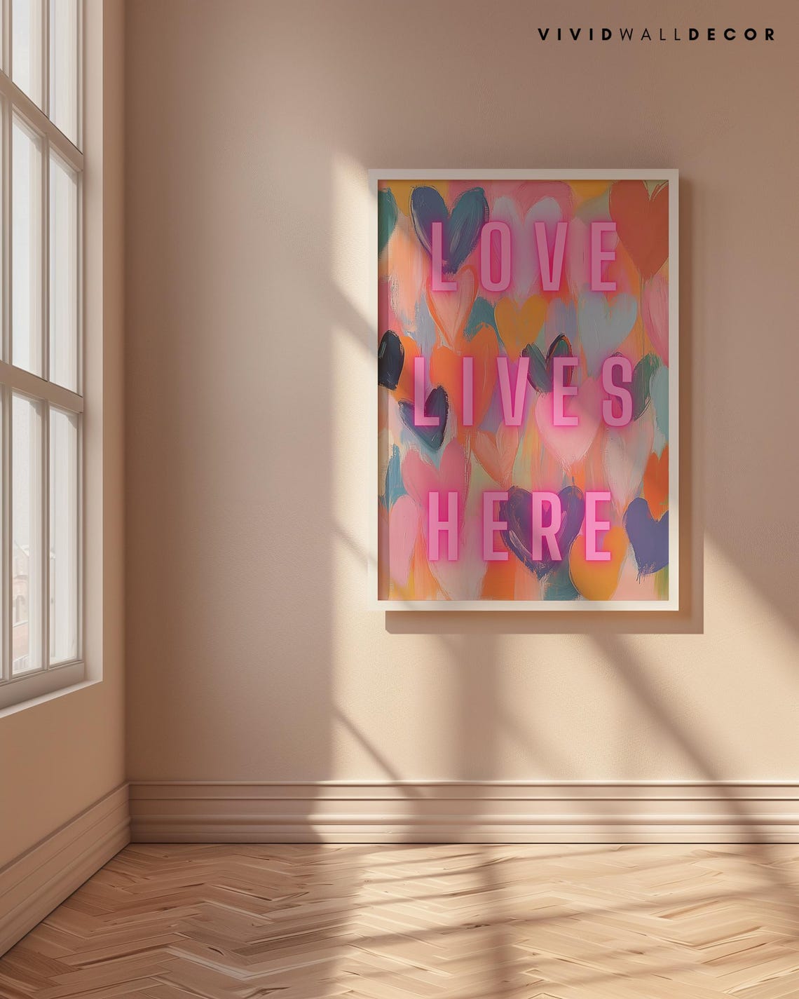 Love Lives Here in Glowing Pink Neon Over Painted Hearts Poster - Image 4