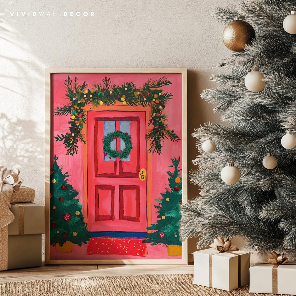 Pink Front Door With Christmas Garland And Whimsical Art Poster - Image 4