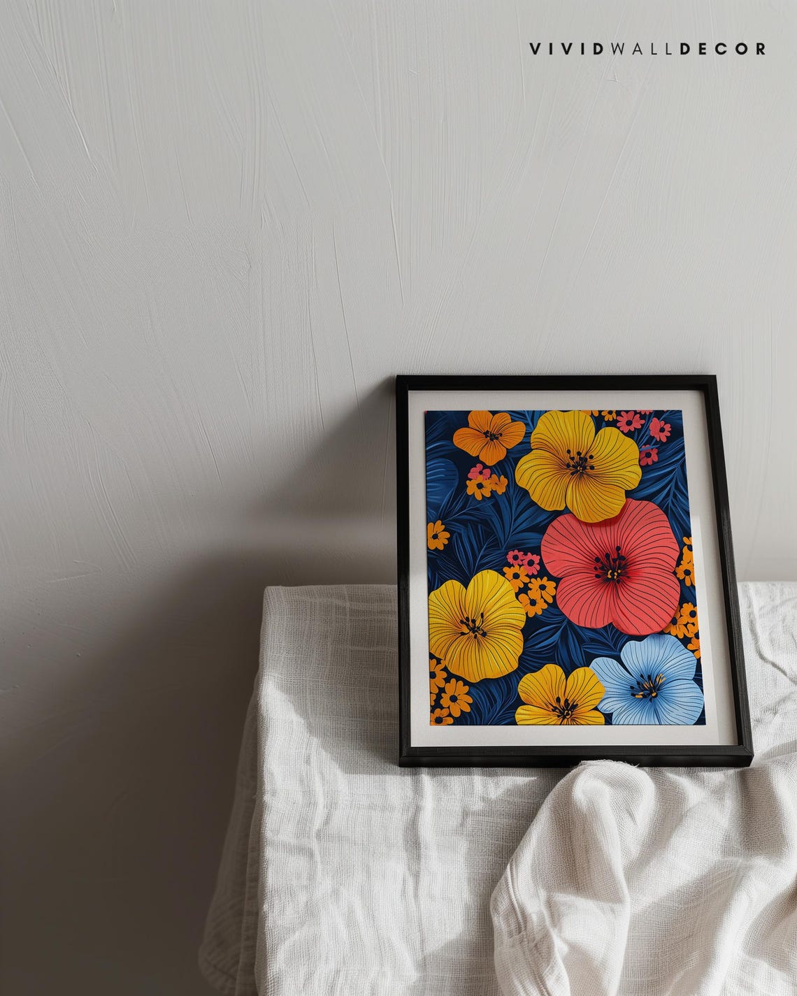 Bold Orange And Red Hibiscus Flowers On Deep Navy Botanical Poster - Image 2