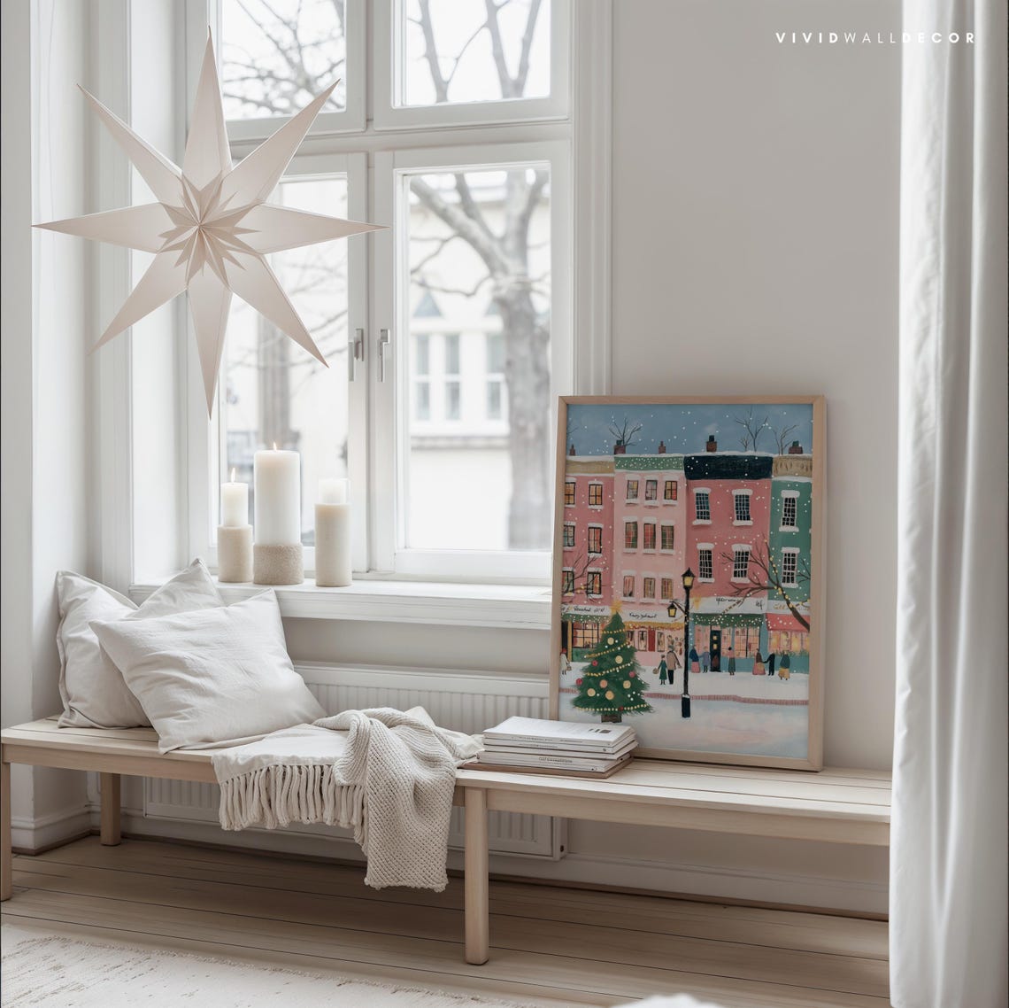 Snowy Christmas Street With Pink Buildings And Decorated Tree Poster - Image 3