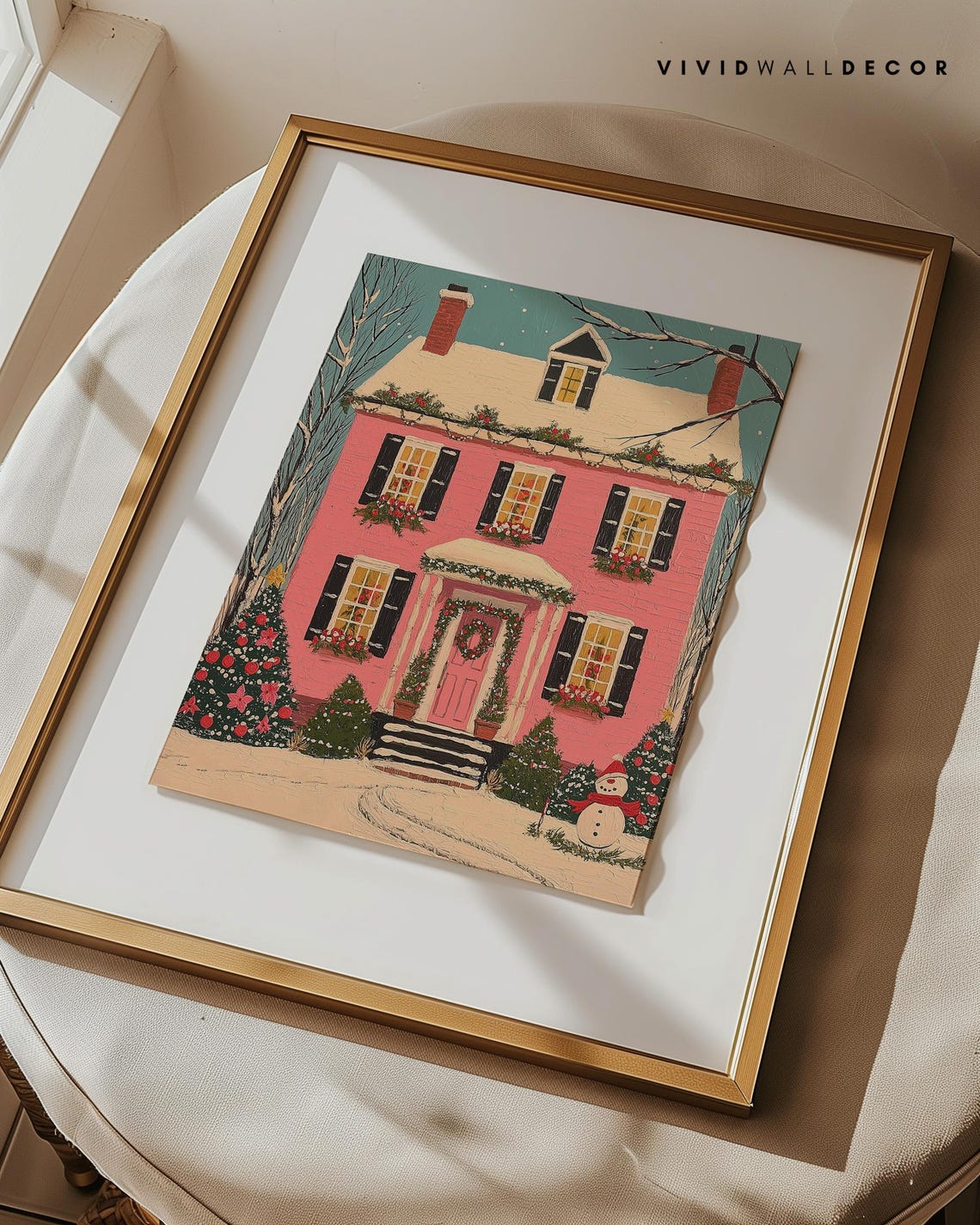 Pink Christmas House With Wreath Snowman And Garland Decor Poster - Image 3