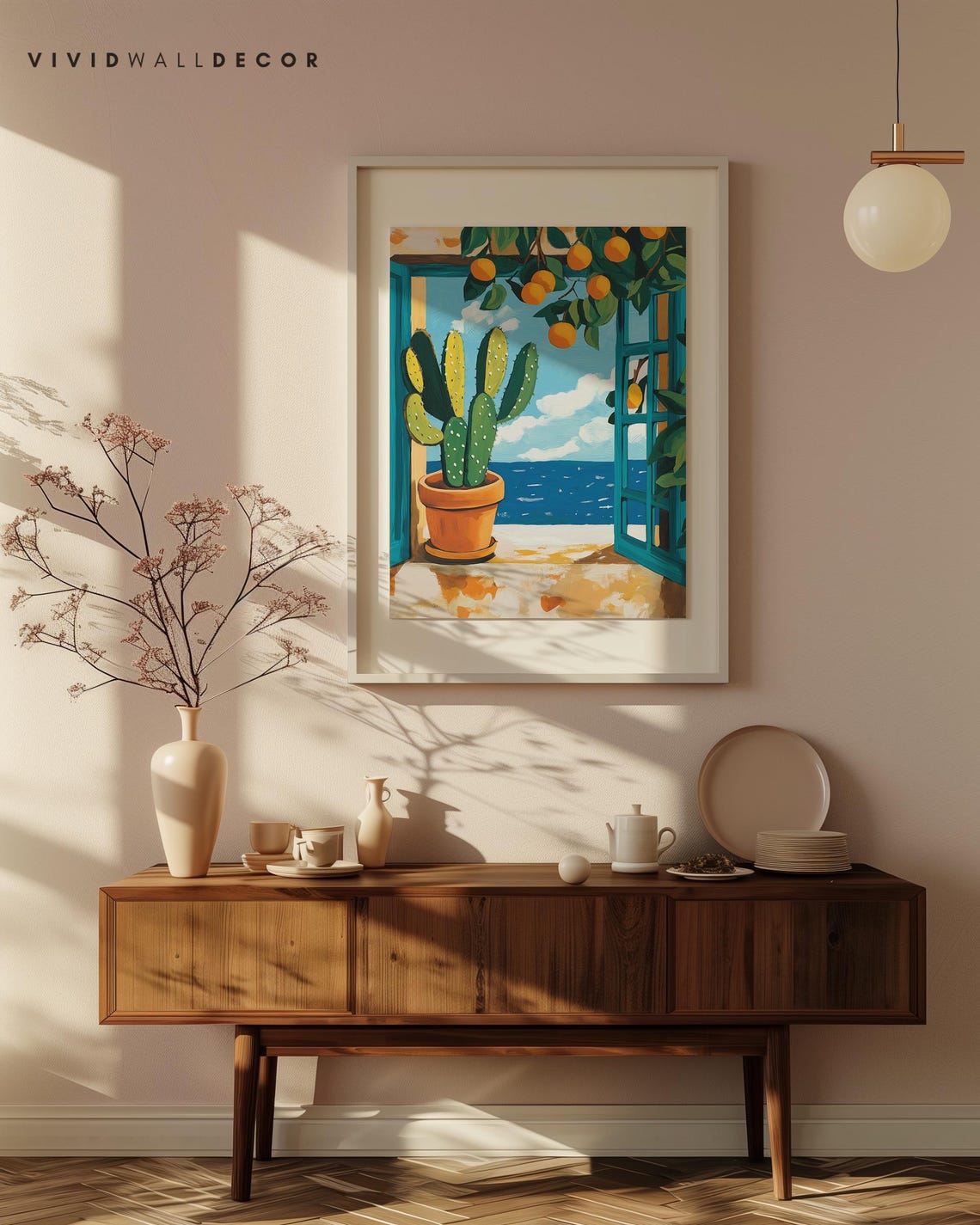 Sunny Mediterranean Cactus and Orange Tree Ocean View Poster - Image 3