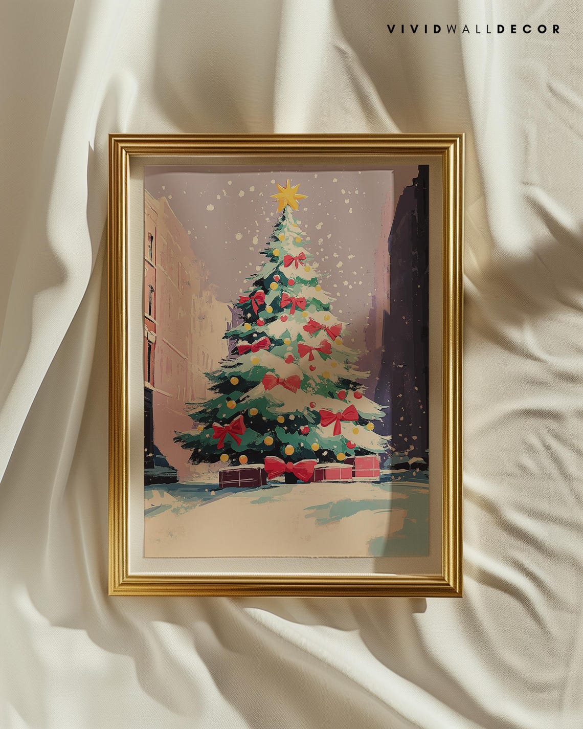 Snowy City Christmas Tree With Big Red Bows Winter Night Poster - Image 2