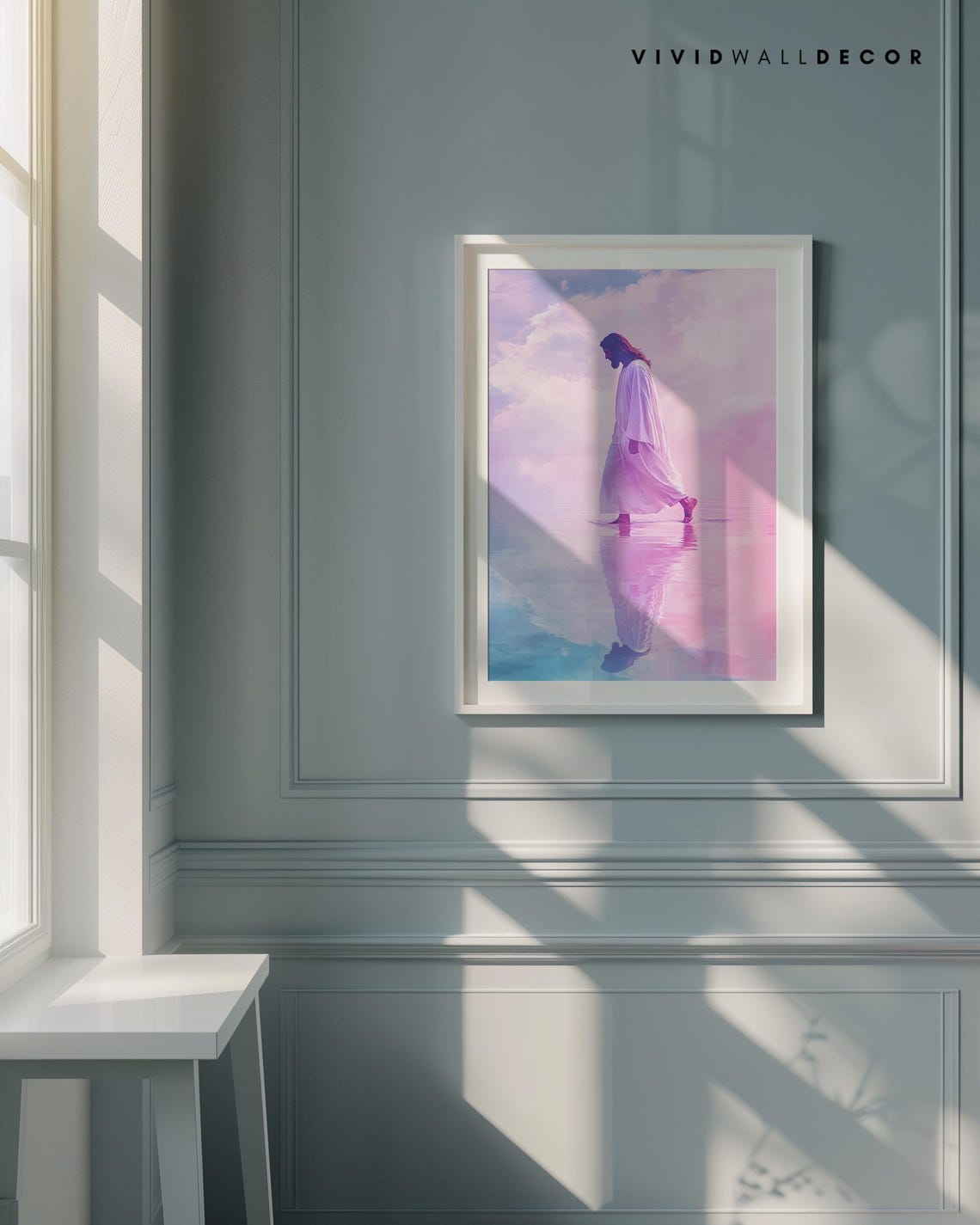 Jesus Walking on Water Beneath Pink and Purple Light Art Poster - Image 4