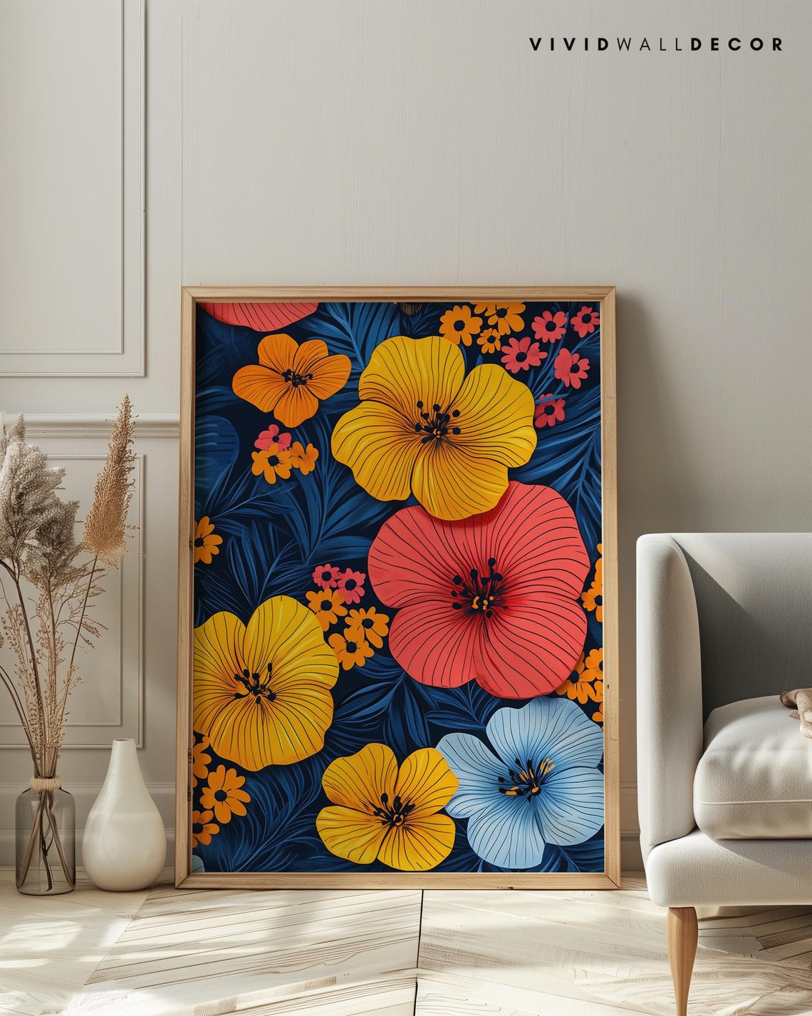 Bold Orange And Red Hibiscus Flowers On Deep Navy Botanical Poster - Image 4