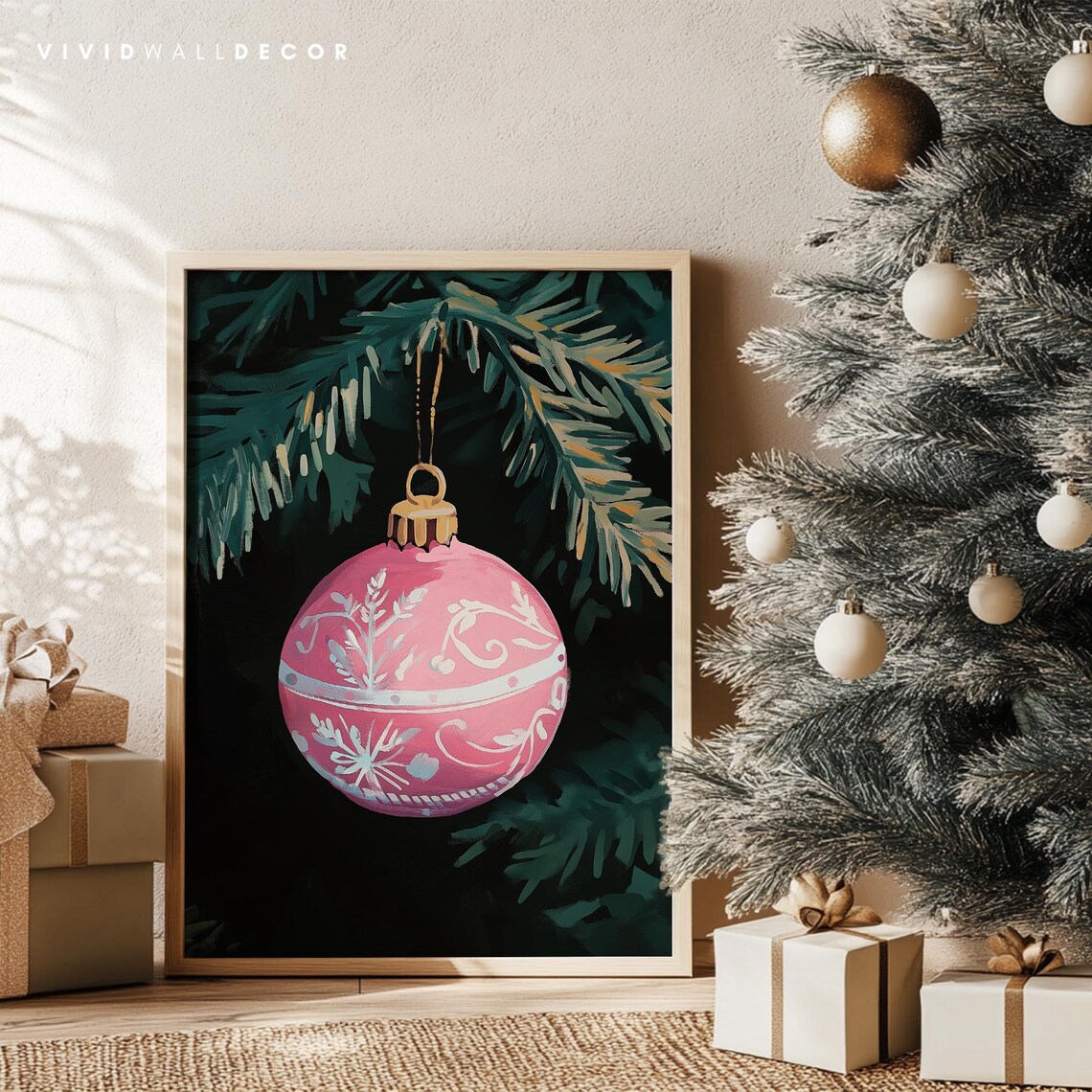 Pink Christmas Bauble Ornament Hanging On Pine Branch Poster - Image 4