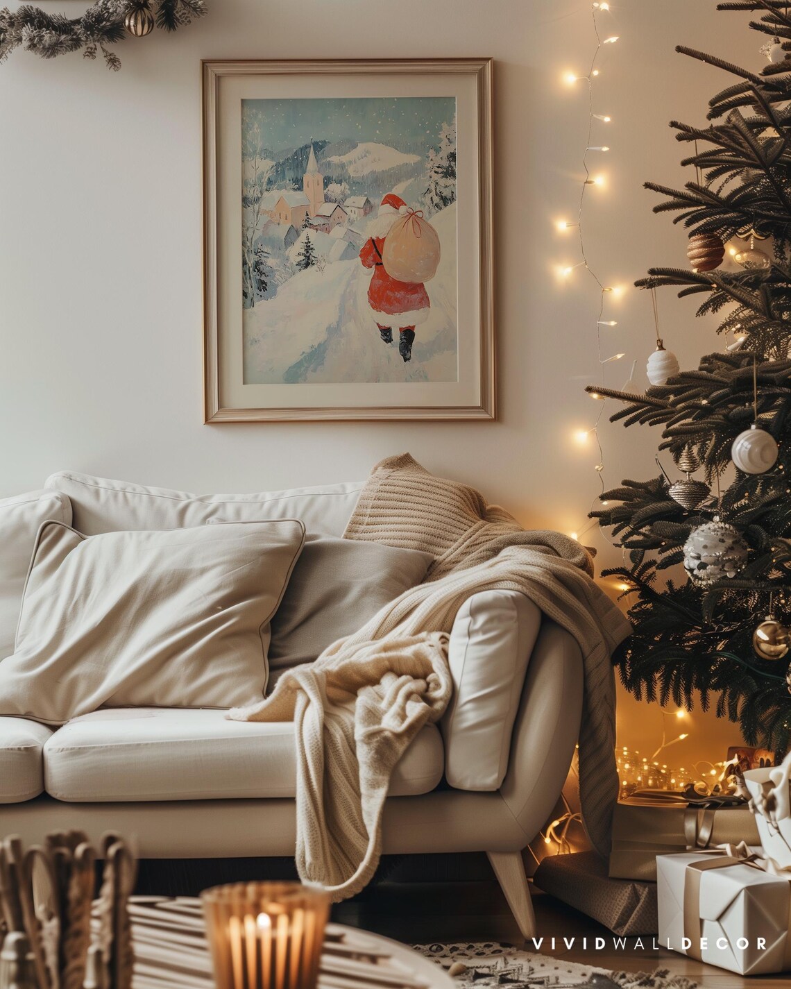 Santa Claus Carrying A Gift Sack To A Snowy Village Church Poster - Image 4