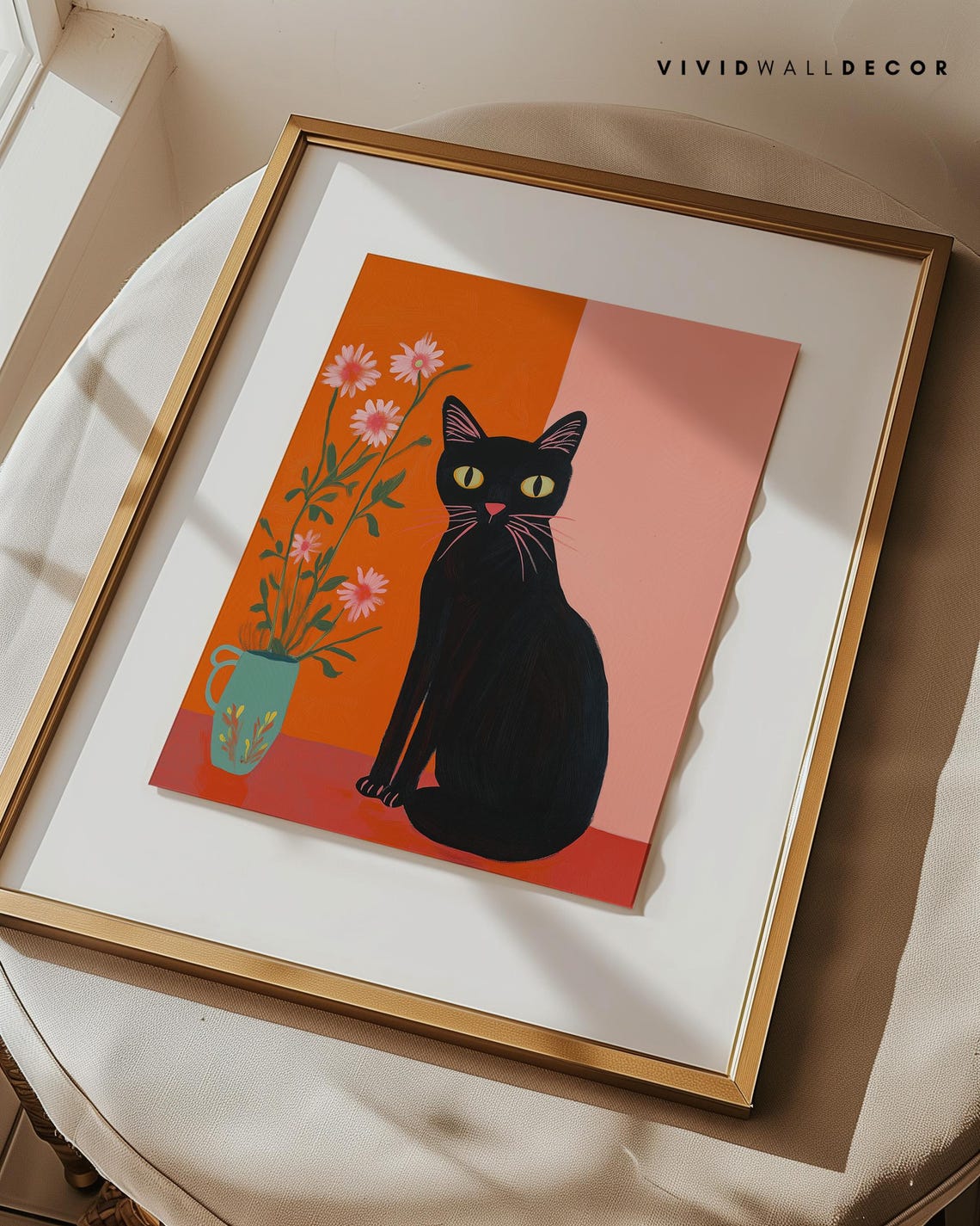 Black Cat with Pink Daisies on Warm Orange Botanical Art Poster - Image 2