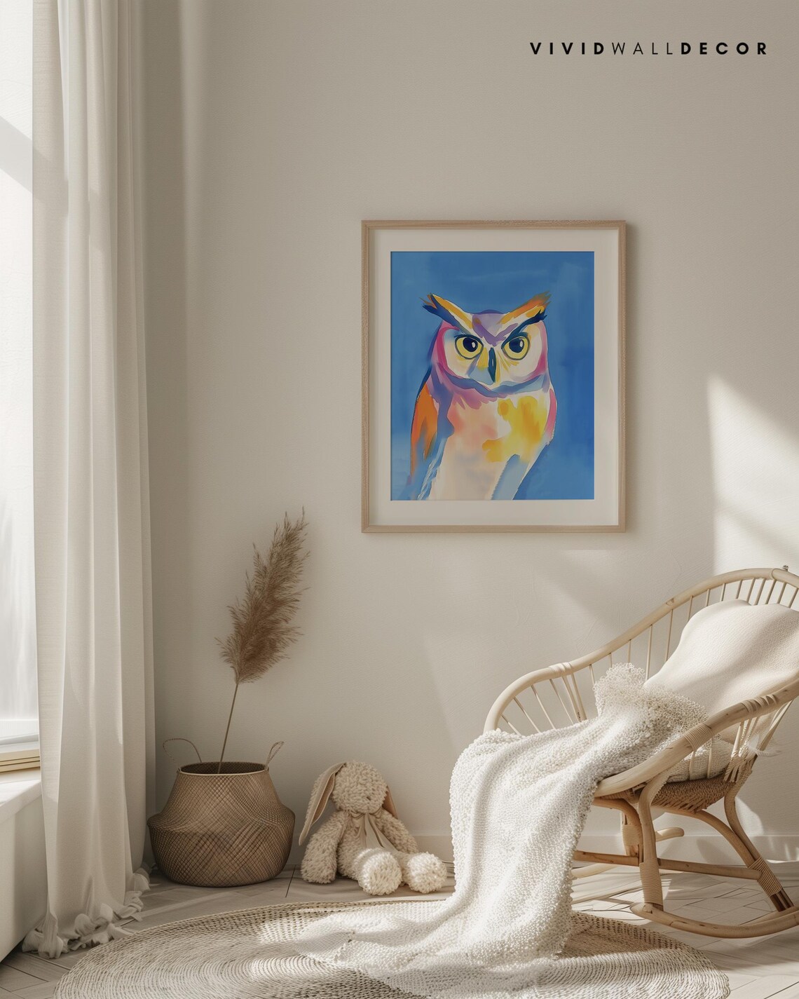 Colorful Owl Watercolor Art Poster on Bold Blue Background Wall Decor - Image 4