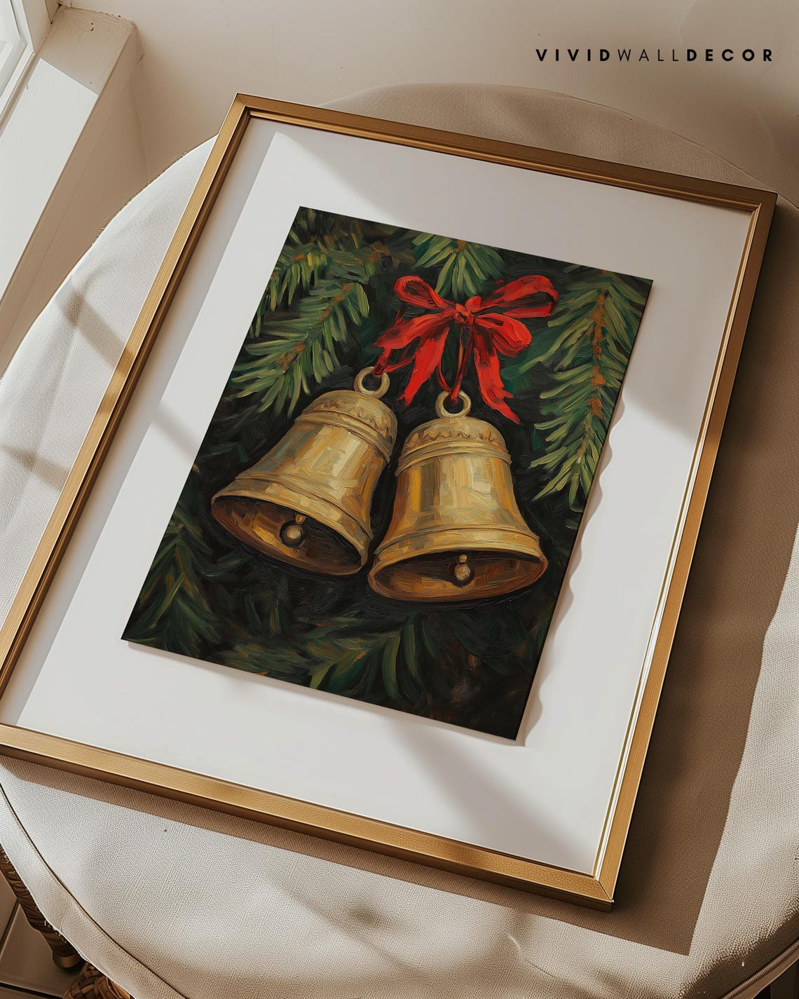 Golden Christmas Bells With Red Bow Hanging On Dark Pine Poster - Image 3