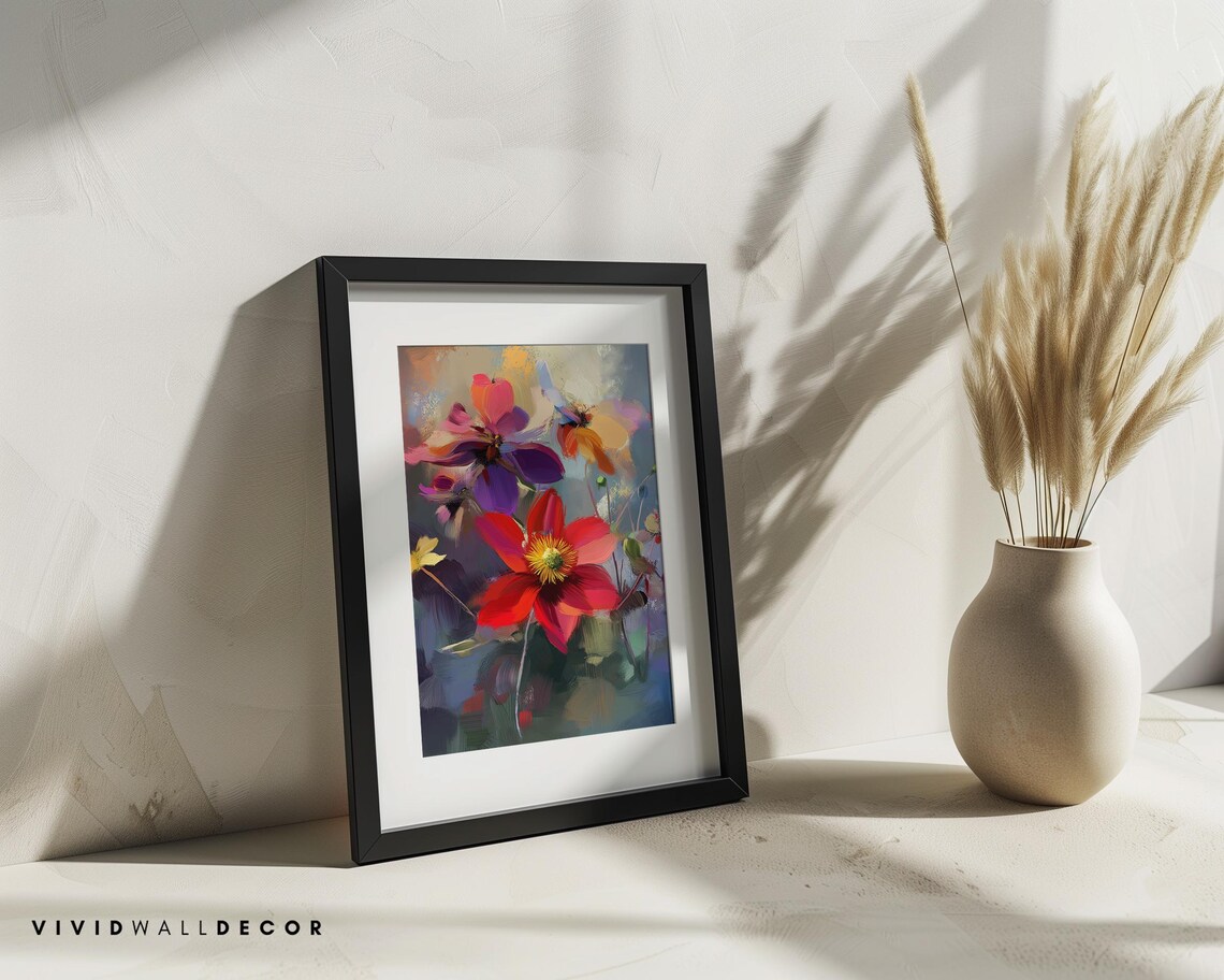 Vibrant Abstract Floral Painting in Purple and Red Garden Poster - Image 2