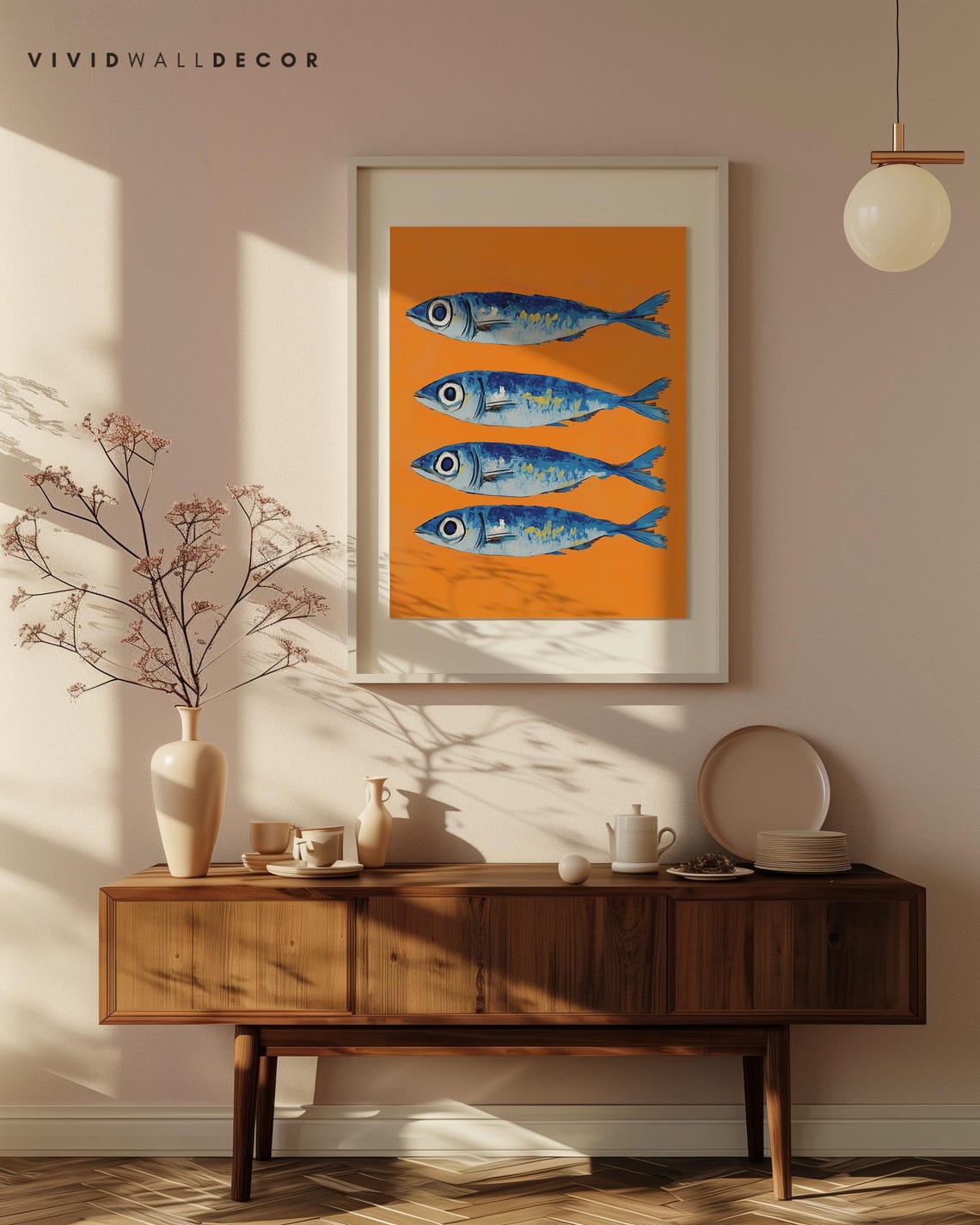 Blue Sardine School Four Fish Bold Orange Retro Kitchen Poster - Image 3