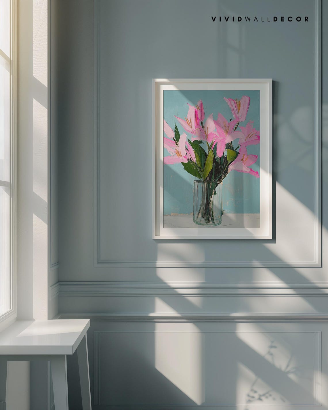 Pink Lilies in Glass Vase on Teal Background Floral Art Poster - Image 4