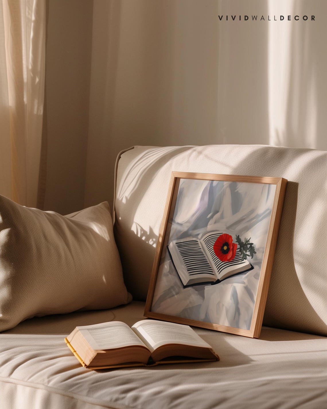 Open Book With a Single Red Poppy Minimalist Literary Art Poster - Image 2