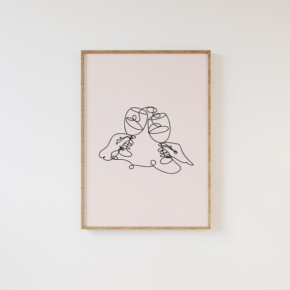 Wine Glasses Cheers Single Line Drawing Minimalist Bar Cart Wall Art