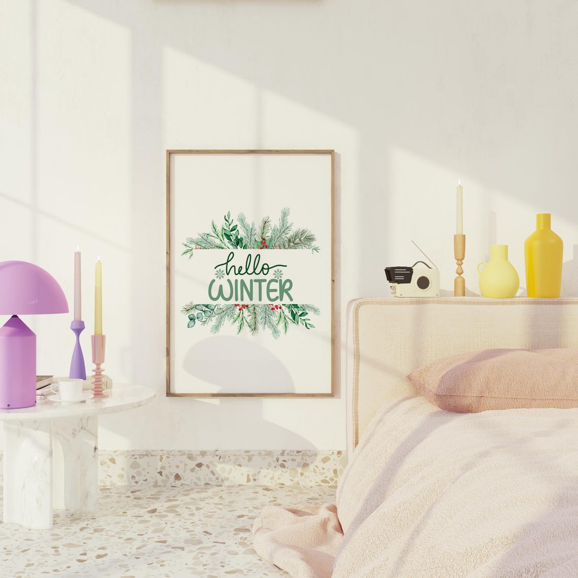 Hello Winter Botanical Green Watercolor Typography Print Gift - Image 2