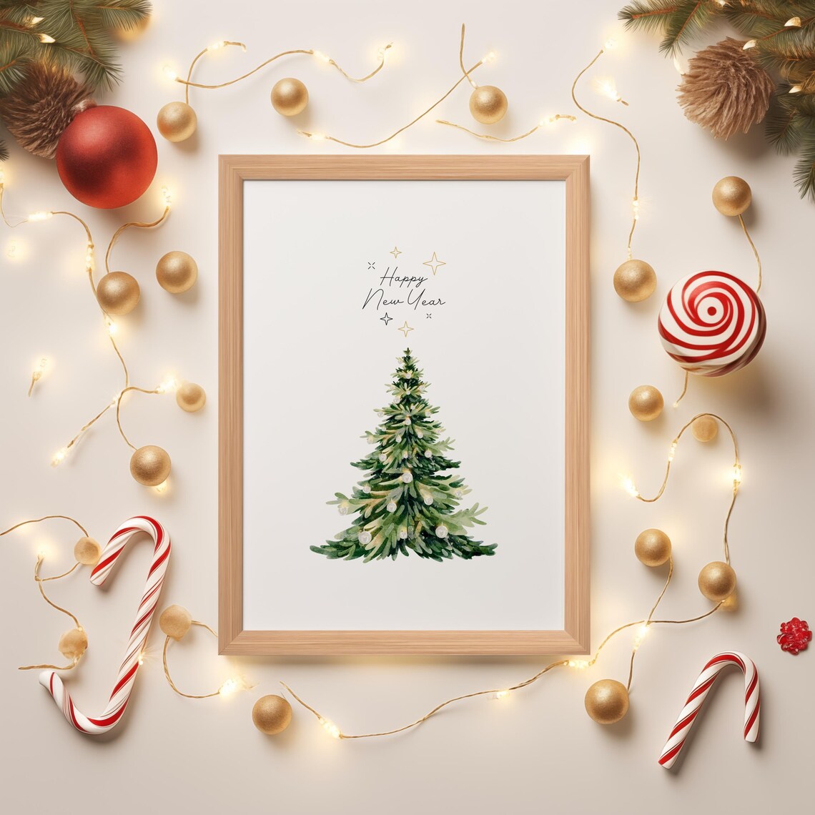 Happy New Year Watercolor Tree Minimalist Holiday Print Gift - Image 2