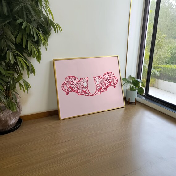 Twin Pink Cheetahs Mirrored Jungle Cat Preppy Dorm Room Poster