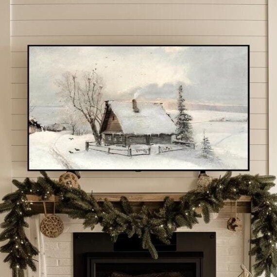 Snowy Log Cabin Smoking Chimney Moody Winter Landscape Oil Painting Print