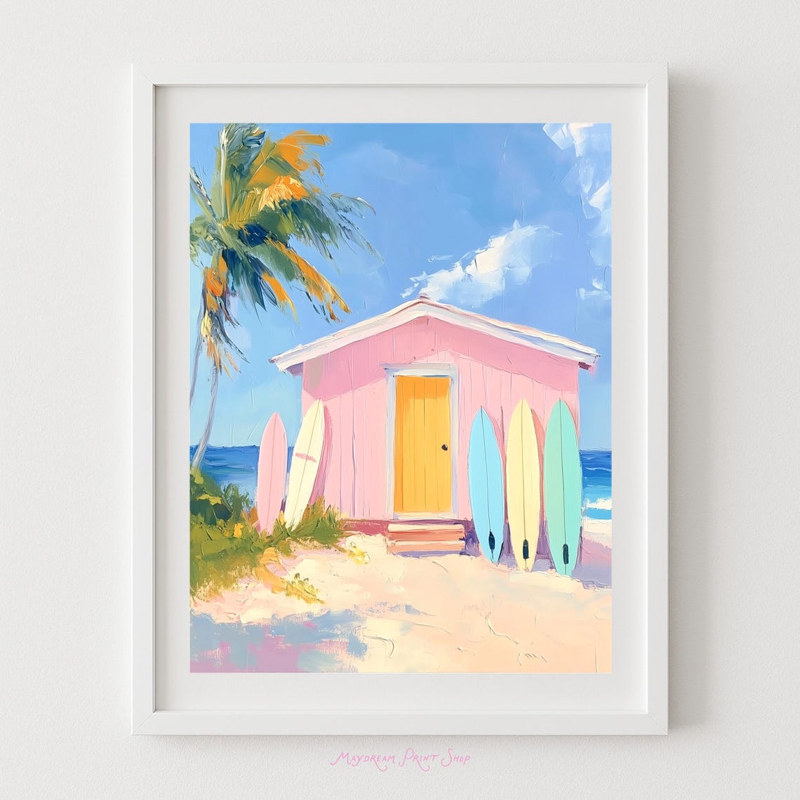 Pink Beach Hut With Surfboards Palm Tree Coastal Surf Art Poster