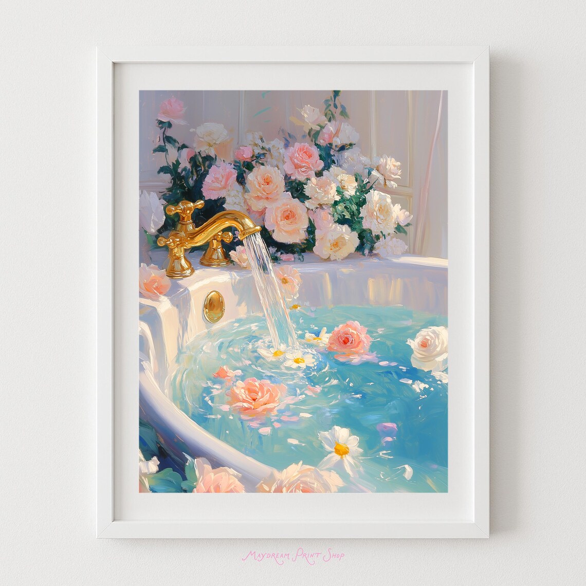 Floral Bathtub Gold Faucet Pink Roses Pastel Painting Art Poster