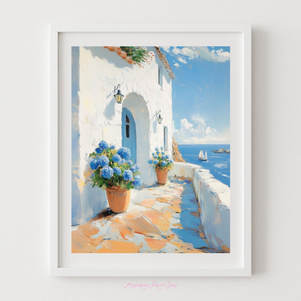 Greek Island White Villa Blue Door Hydrangea Sea View Poster