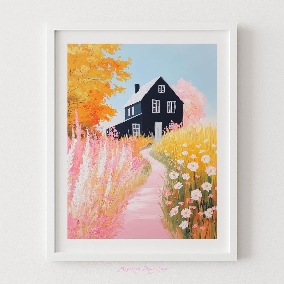 Autumn Black Cottage Art Halloween Home Decor Fall Harvest Wall Flower Field Print