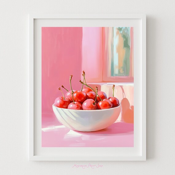 Bowl of Fresh Cherries Pink Background Still Life Art Poster