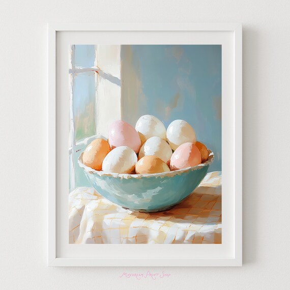 Pastel Eggs In Blue Bowl Farmhouse Kitchen Still Life Art Poster