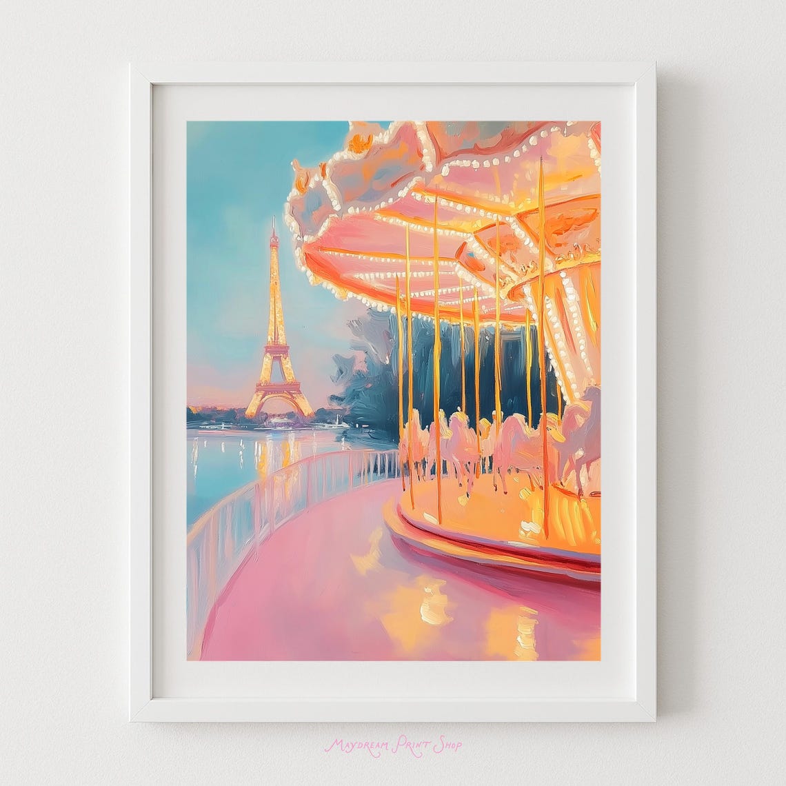 Paris Eiffel Tower Carousel Dusk Pastel Painting Travel Poster