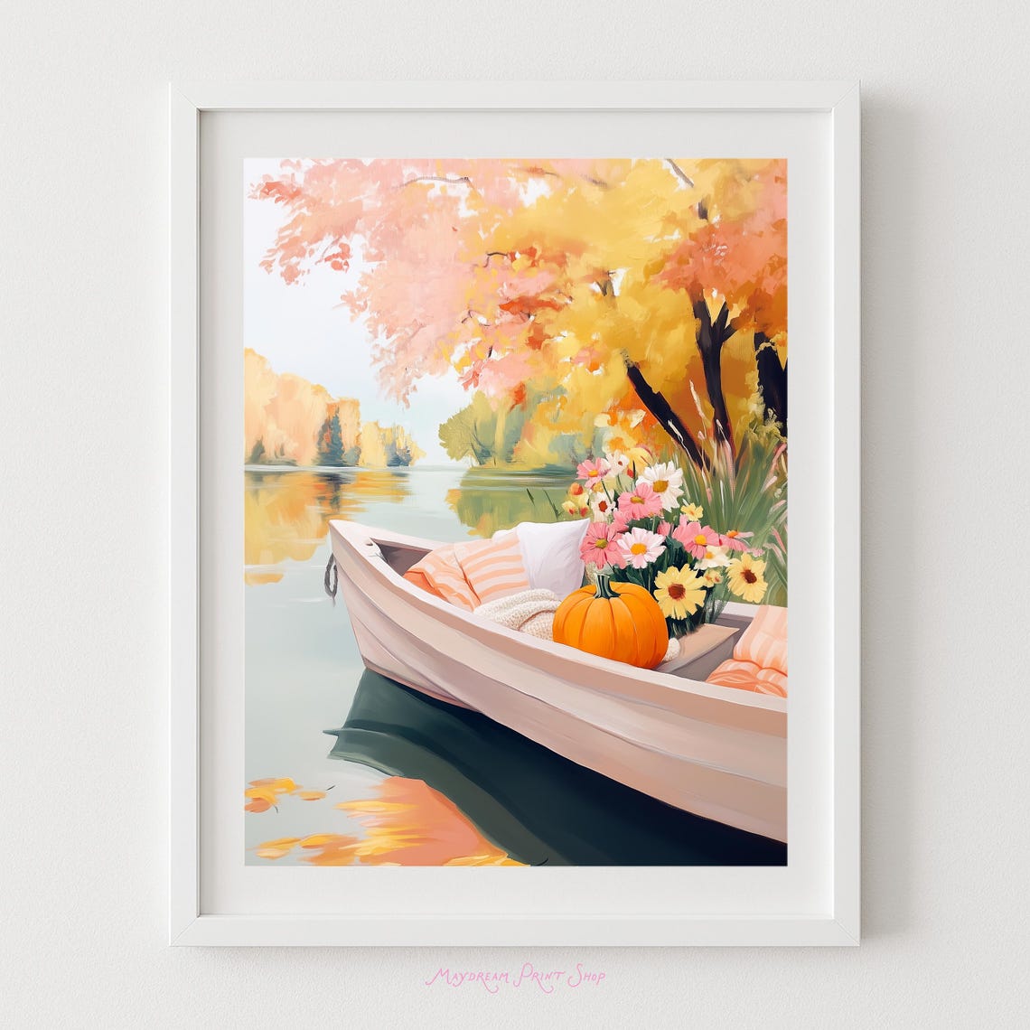 Autumn Lakeside Boat With Pumpkin and Flowers Fall Art Poster