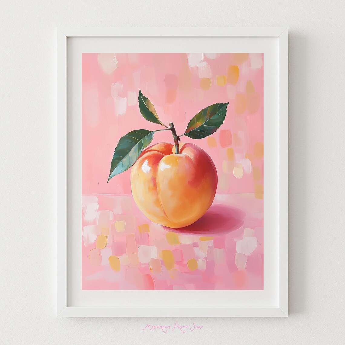Peach On Pink Art Print Bright Fruit Wall Decor Whimsical Kitchen Fun Summer Illustration For Dining Room