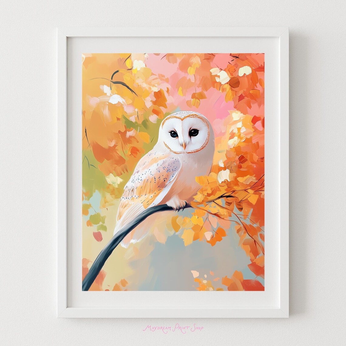Barn Owl Perched in Autumn Tree Golden Foliage Wildlife Art Poster