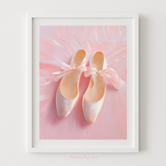 Pink Ballet Flat Art Pastel Blush Girls Bedroom Poster Pretty Girly Artwork Ballerina Nursery Decor