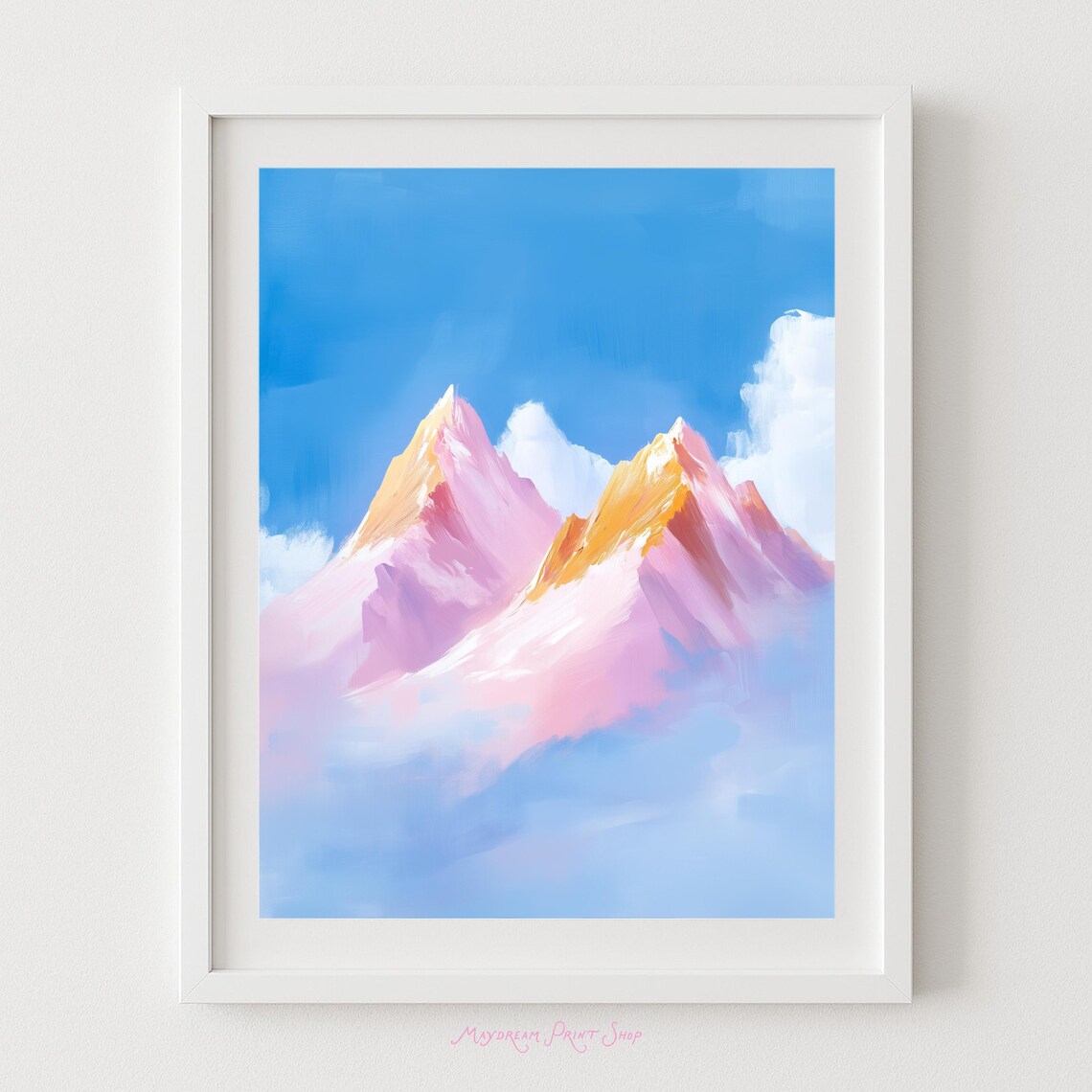 Pink And Gold Alpenglow Snowy Mountain Peaks Painting Poster