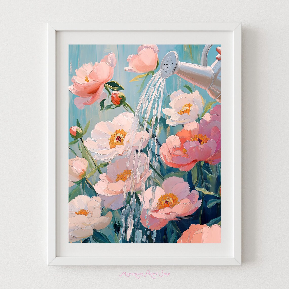 Pink Peonies Watering Can Impressionist Floral Garden Art Poster