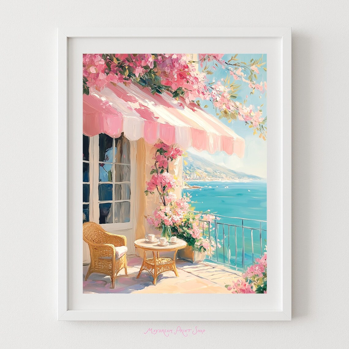 Pink Cafe Balcony Sea View Floral Bougainvillea Coastal Art Poster
