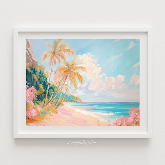 Tropical Beach Palm Tree Art Pastel Ocean Seascape Dreamy Coastal Landscape Caribbean