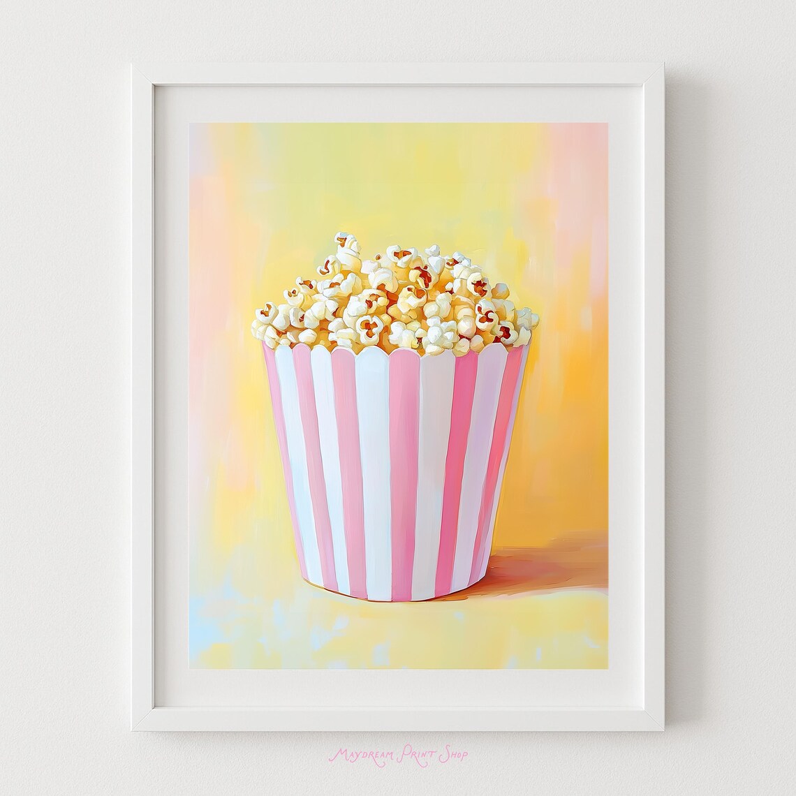 Pink Striped Popcorn Bucket Buttery Movie Night Snack Art Poster