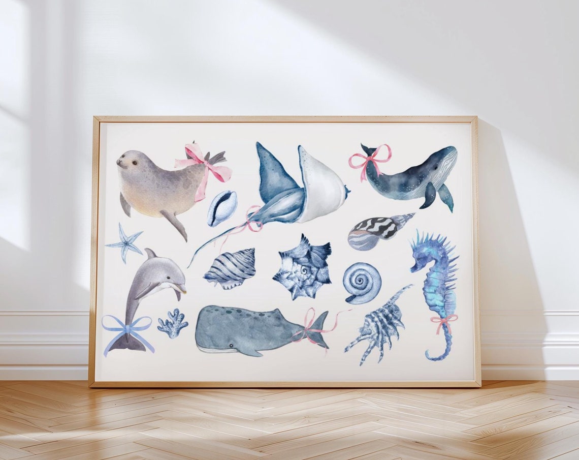 Cute Girly Sea Animal Watercolor Bow Collage Coastal Wall Art