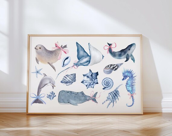Sea Animal Coquette Watercolor Print Coastal Aesthetic Summer Dolphin Bow Poster Whale Seal Shell Seahorse Wall Art Trendy Funky Beach Print