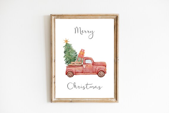 Merry Christmas Red Truck Poster Watercolor Vintage Pickup Tree Holiday Art