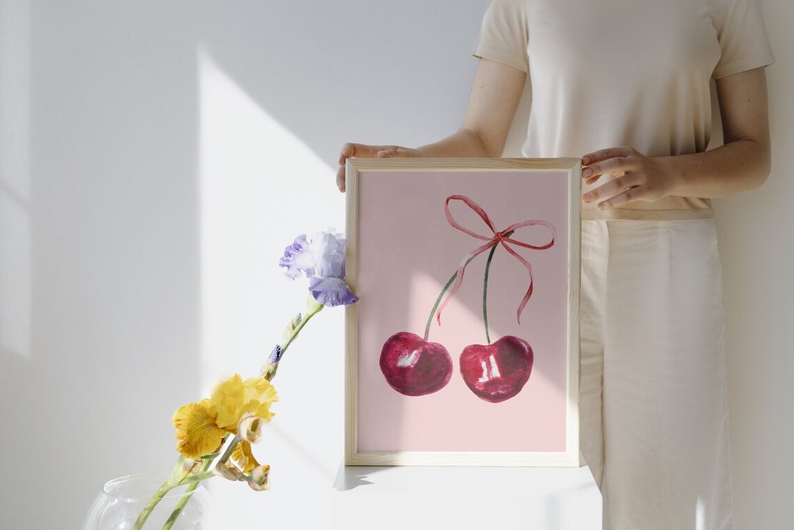 Cherry Watercolor Pair Pink Bow Coquette Aesthetic Poster Art Decor - Image 2