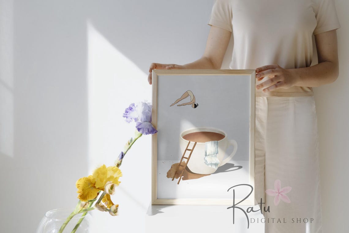 Woman Diving Into Giant Coffee Cup Ladder Towel Kitchen Art Poster - Image 3